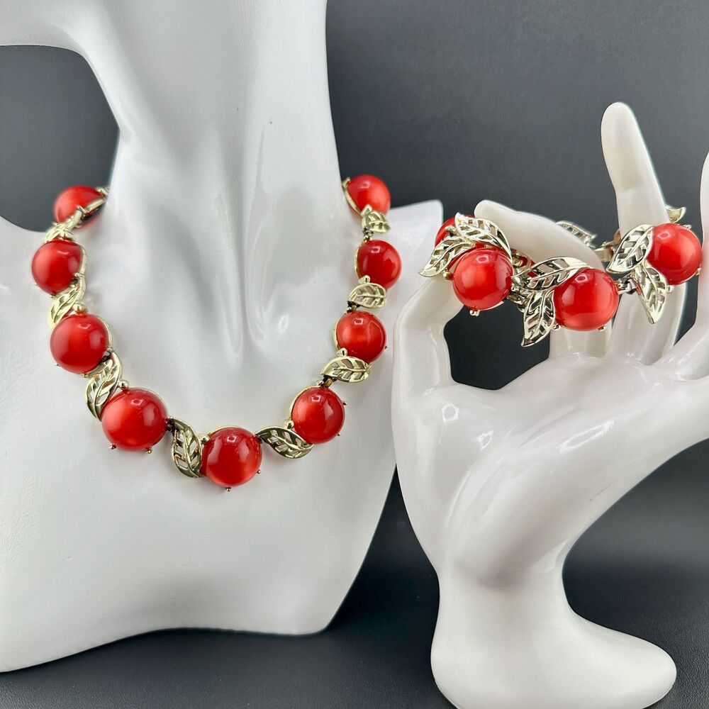 Vintage Moonglow Thermoset Necklace Bracelet Set Cherry Red Gold Tone Leaves